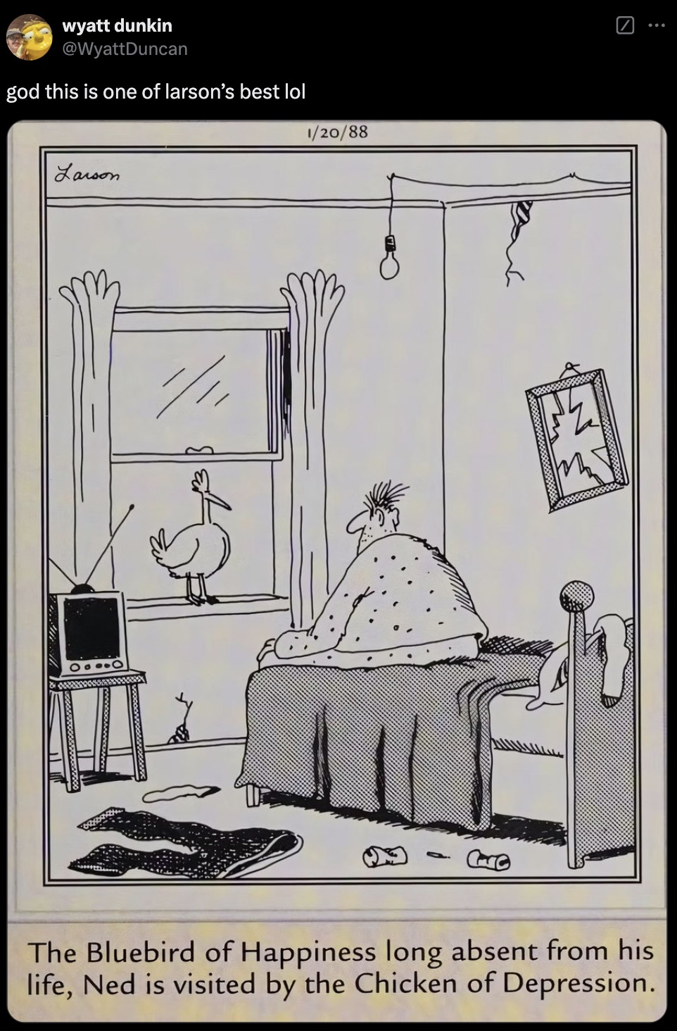 chicken of depression far side - wyatt dunkin god this is one of larson's best lol 12088 Larson 111 99 The Bluebird of Happiness long absent from his life, Ned is visited by the Chicken of Depression.